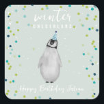 Pegatina Cuadrada Winter Onederland Blue Birthday Penguin Confetti<br><div class="desc">Invierno Onederland tema de la fiesta de primer cumpleaños con pingüino en gorra fiesta azul sobre fondo azul claro con moqueta de nieve y confeti.</div>