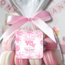 Pegatina Cuadrada Winter Onederland Copos de Nieve Rosados Gracias