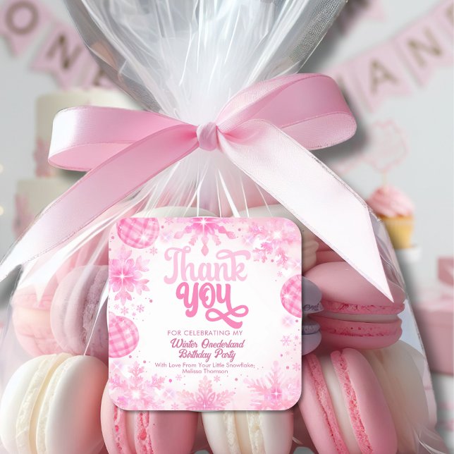 Pegatina Cuadrada Winter Onederland Copos de Nieve Rosados Gracias (Subido por el creador)