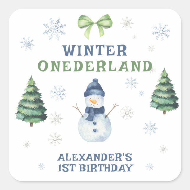 Pegatina Cuadrada Winter Onederland Snowman 1er cumpleaños (Anverso)