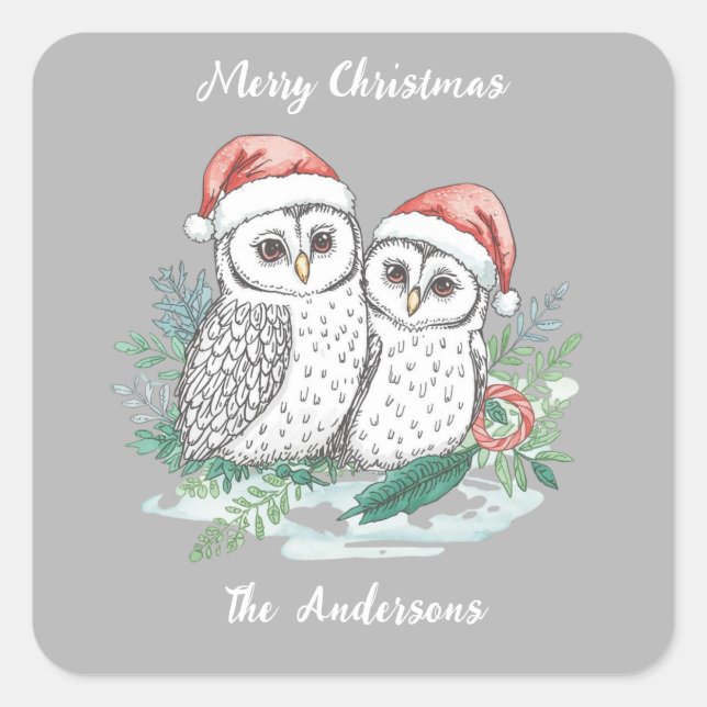Pegatina Cuadrada Winter Owl Christmas Sticker – Woodland Forest Owl (Anverso)