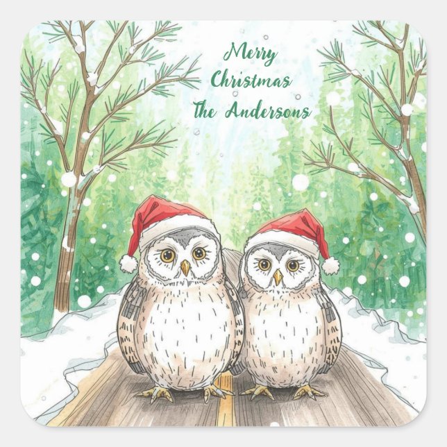 Pegatina Cuadrada Winter Owls on Snowy Sticker- Christmas  (Anverso)