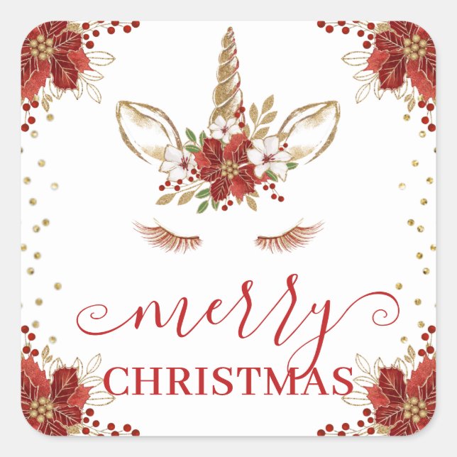 Pegatina Cuadrada Winter Poinsettia Unicorn Merry Christmas (Anverso)