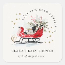 Pegatina Cuadrada Winter Sleigh Its Cold Outside Neutral Baby Shower