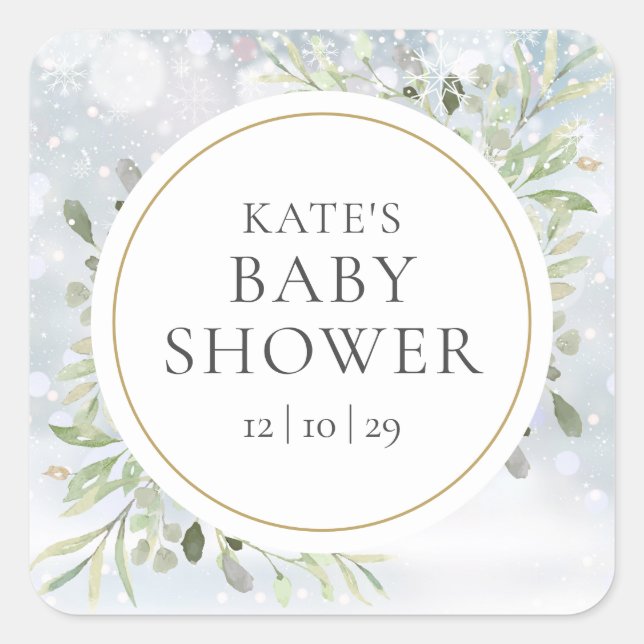 Pegatina Cuadrada Winter Snowflakes Greenery Baby Shower (Anverso)