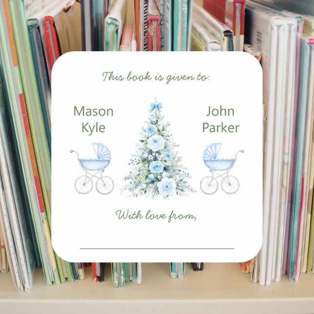 Pegatina Cuadrada Winter twin boys Baby Shower Bookplates (Subido por el creador)