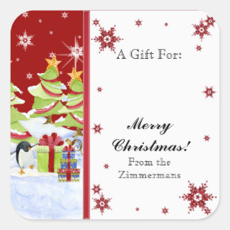 Pegatina Cuadrada Winter Whimsy cute bebés pingüinos en estrella de 