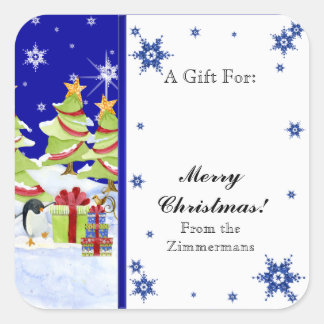 Pegatina Cuadrada Winter Whimsy cute bebés pingüinos en estrella de