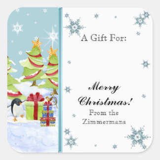 Pegatina Cuadrada Winter Whimsy cute bebés pingüinos en estrella de