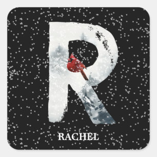 Pegatina Cuadrada Winter Wonderland Alphabet R Monograma   Pájaro ro