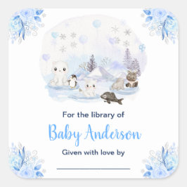Pegatina Cuadrada Winter Wonderland Animals Baby Shower Bookplate