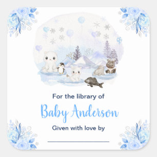 Pegatina Cuadrada Winter Wonderland Animals Baby Shower Bookplate