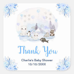 Pegatina Cuadrada Winter Wonderland Animals Baby Shower Gracias