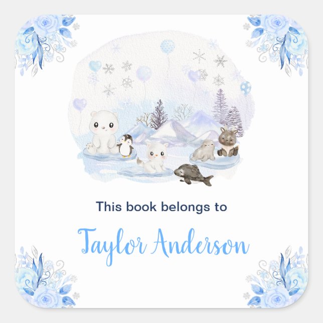 Pegatina Cuadrada Winter Wonderland Arctic Animals Kids Bookplate (Anverso)