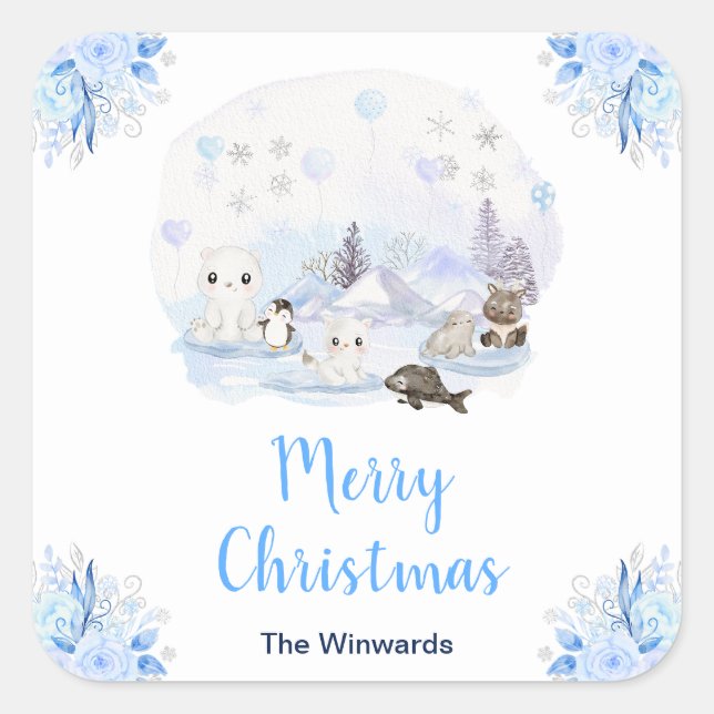 Pegatina Cuadrada Winter Wonderland Arctic Animals Merry Christmas (Anverso)