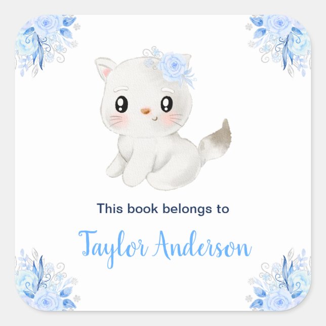 Pegatina Cuadrada Winter Wonderland Arctic Cat Kids Bookplate (Anverso)