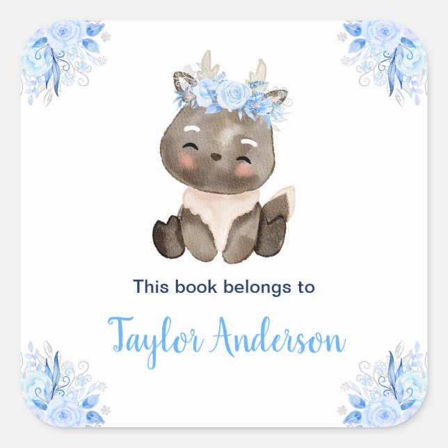 Pegatina Cuadrada Winter Wonderland Arctic Moose Kids Bookplate (Anverso)