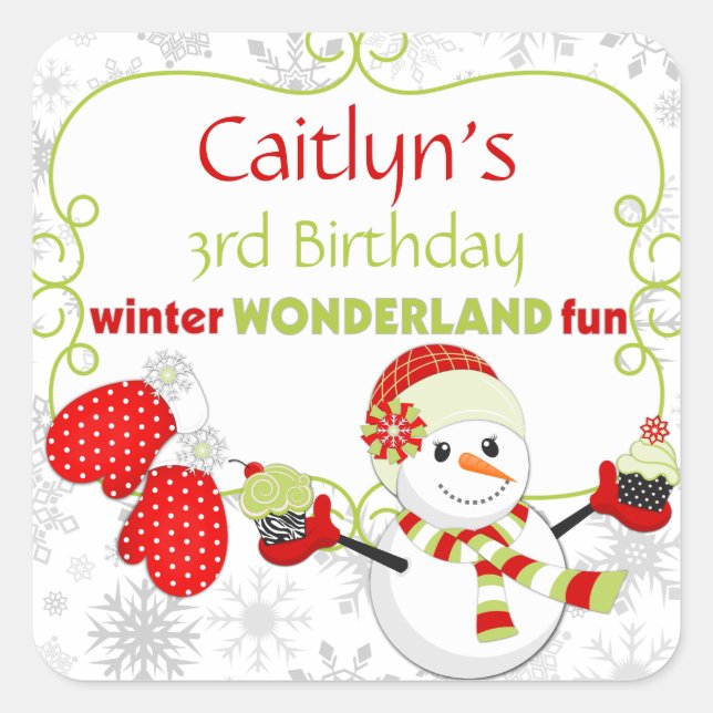 Pegatina Cuadrada Winter Wonderland Birthday Snowman Mittens (Anverso)