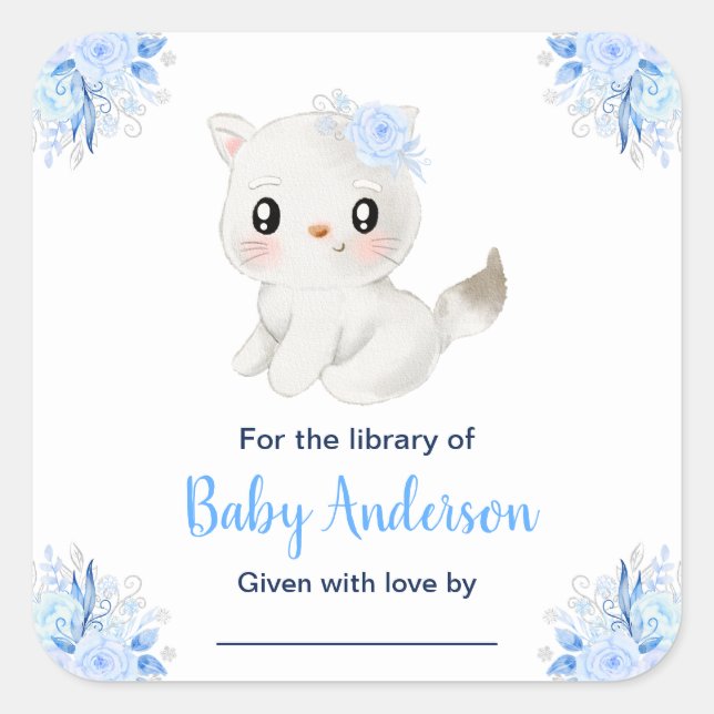 Pegatina Cuadrada Winter Wonderland Cat Baby Shower Bookplate (Anverso)