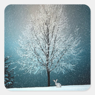 Pegatina Cuadrada Winter Wonderland con conejo