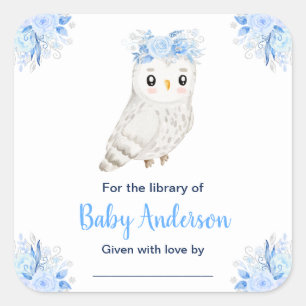 Pegatina Cuadrada Winter Wonderland Owl Baby Shower Bookplate
