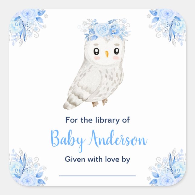 Pegatina Cuadrada Winter Wonderland Owl Baby Shower Bookplate (Anverso)