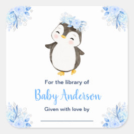 Pegatina Cuadrada Winter Wonderland Penguin Baby Shower Bookplate