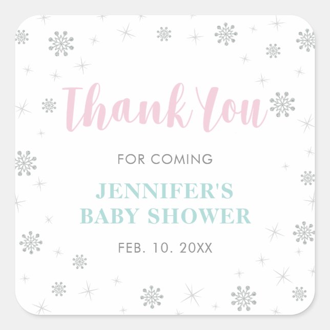 Pegatina Cuadrada Winter wonderland, Pink & Mint Baby Shower Favor (Anverso)