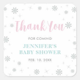 Pegatina Cuadrada Winter wonderland, Pink & Mint Baby Shower Favor