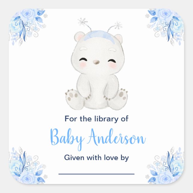 Pegatina Cuadrada Winter Wonderland Polar Bear Baby Shower Bookplate (Anverso)