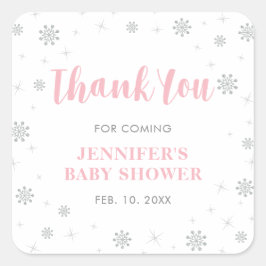 Pegatina Cuadrada Winter wonderland, Silver & Pink Baby Shower Favor
