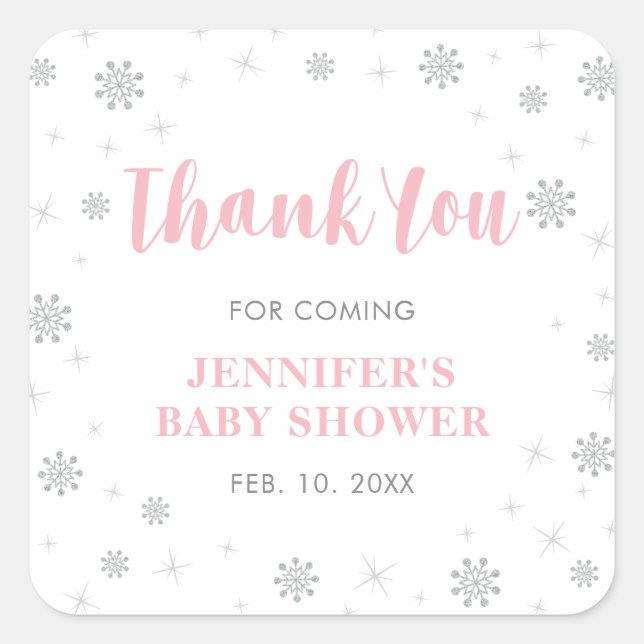 Pegatina Cuadrada Winter wonderland, Silver & Pink Baby Shower Favor (Anverso)