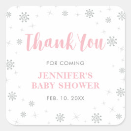 Pegatina Cuadrada Winter wonderland, Silver & Pink Baby Shower Favor
