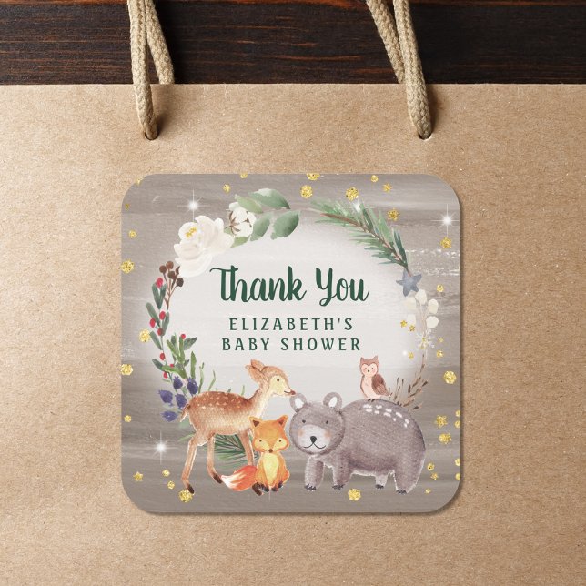 Pegatina Cuadrada Winter Woodland Animals Baby Shower Gracias (Subido por el creador)