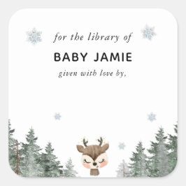 Pegatina Cuadrada Winter Woodland Baby Shower Library