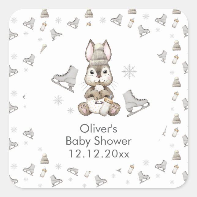 Pegatina Cuadrada Winter Woodland Bunny Ice Skate Baby Shower  (Anverso)