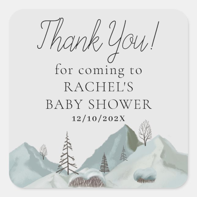 Pegatina Cuadrada Winter Woodland Forest Baby Shower Gracias (Anverso)