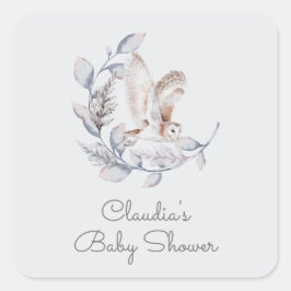 Pegatina Cuadrada Winter Woodland Owl Baby Shower con escritura mode