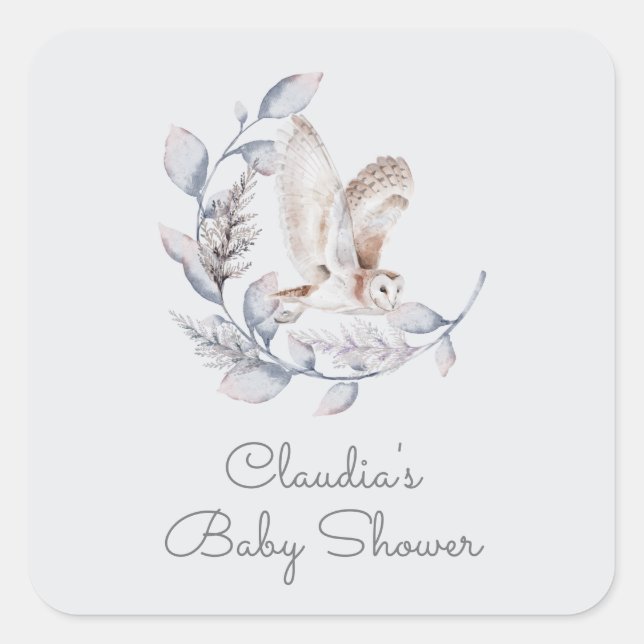 Pegatina Cuadrada Winter Woodland Owl Baby Shower con escritura mode (Anverso)
