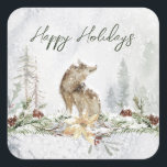 Pegatina Cuadrada Winter Woodland Scene Wolf Christmas Sticker<br><div class="desc">Este diseño presenta un ilustracion acuarela de un paisaje de bosque invernal con lobo.</div>