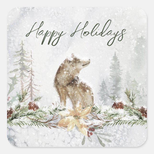 Pegatina Cuadrada Winter Woodland Scene Wolf Christmas Sticker (Anverso)