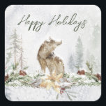 Pegatina Cuadrada Winter Woodland Scene Wolf Christmas Sticker<br><div class="desc">Este diseño presenta un ilustracion acuarela de un paisaje de bosque invernal con lobo.</div>