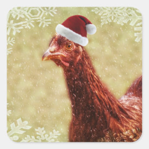 Pegatina Cuadrada Wintery Snowflake Santa Hat Chicken