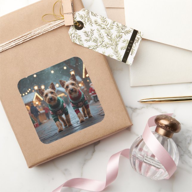 Pegatina Cuadrada Wire Fox Terrier Dogs Christmas Snow Holiday (Regalar)