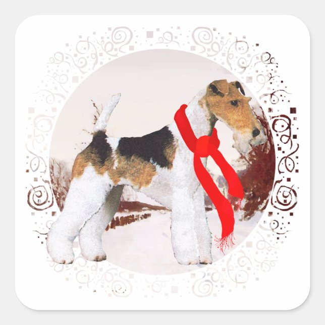Pegatina Cuadrada Wire Fox Terrier Invierno (Anverso)