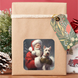 Pegatina Cuadrada Wire Fox Terrier Santa Claus Festivo Navidad