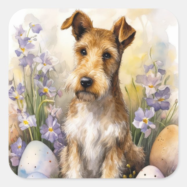 Pegatina Cuadrada Wirefox Terrier Dog Con Fiesta De Huevos De Pascua (Anverso)