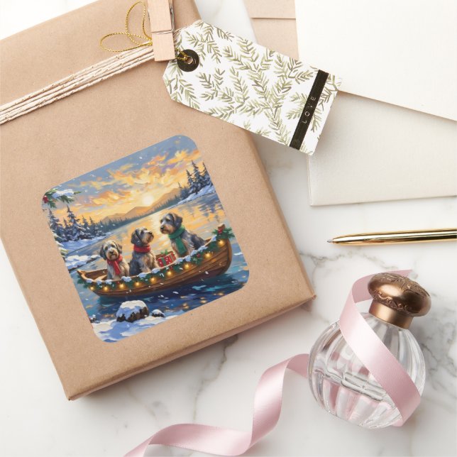 Pegatina Cuadrada Wirehaired Pointing Griffon Christmas Boat Holiday (Regalar)