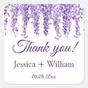 Pegatina Cuadrada Wisteria Boda Morado Floral Gracias