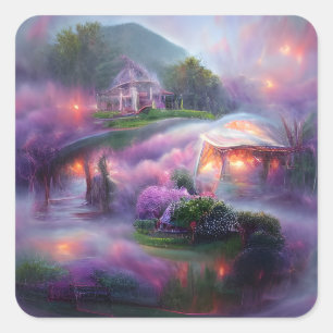 Pegatina Cuadrada Wisteria Gazebo al atardecer junto al estanque